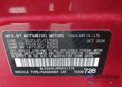 2024 Mitsubishi Mirage Es/Le from USA, damaged, VIN ML32AUHJ6RH031216